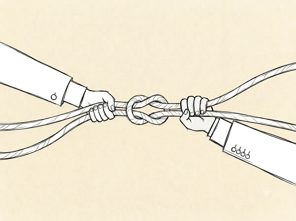 Two hands tie ropes together with a square knot