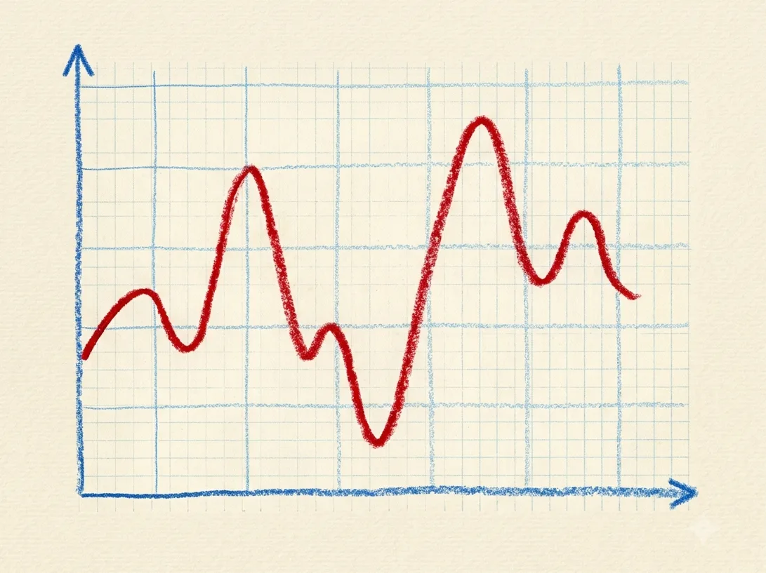 A red curve rises and falls across hand-drawn graph paper
